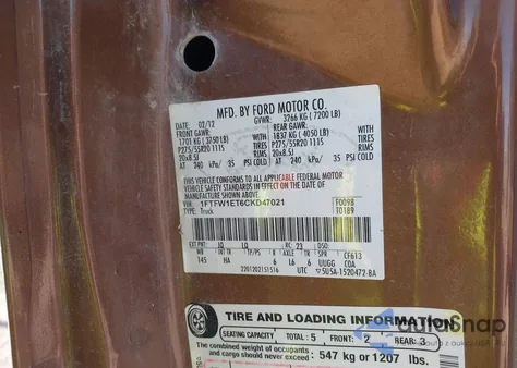 2012 Ford F-150 Lariat z USA, uszkodzony, nr VIN 1FTFW1ET6CKD47021